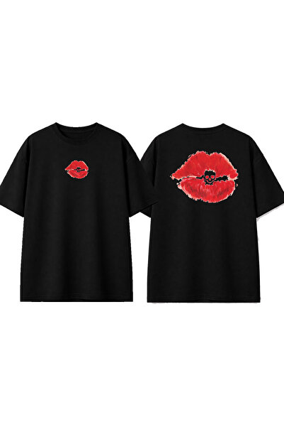 urbvn Lips Skull Design Printed Black Oversize T-Shirt