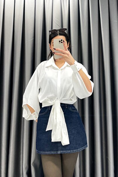 Mistix قميص بحزام وتفاصيل على الأكمام - إكرو EKRU