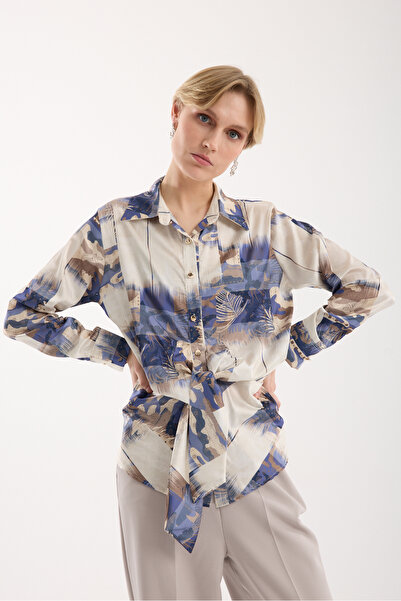 Moda Days Laci-Mink Patterned Front-Tie Satin Shirt