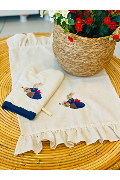 HOME OF BLOSSOM Embroidered Ruffled Raw Linen Oven Cover + Oven Mitt