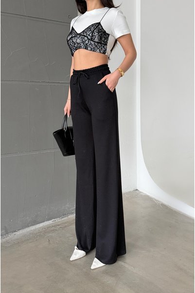 shaban Women's Black Color Modal Fabric Shiny Stone Detailed Wide Leg Soft Textured High Waist Lycra Trousers