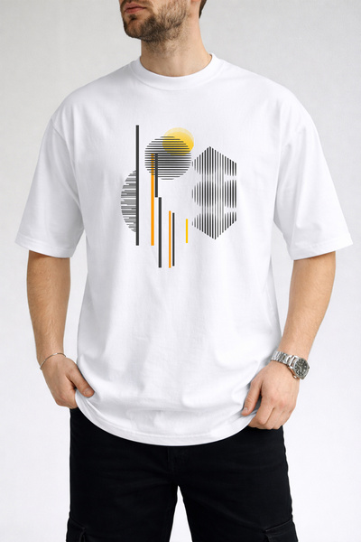 caddekombin Ανδρικό μπλουζάκι με γεωμετρική καμπύλη γραμμή και στάμπα, λευκό ...