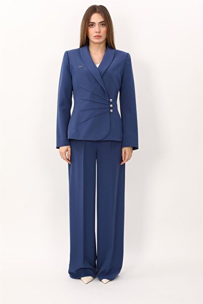 ÖNDER ÖZSOY Shawl Collar Double-Breasted Jacket & Classic Palazzo Women's Tro...