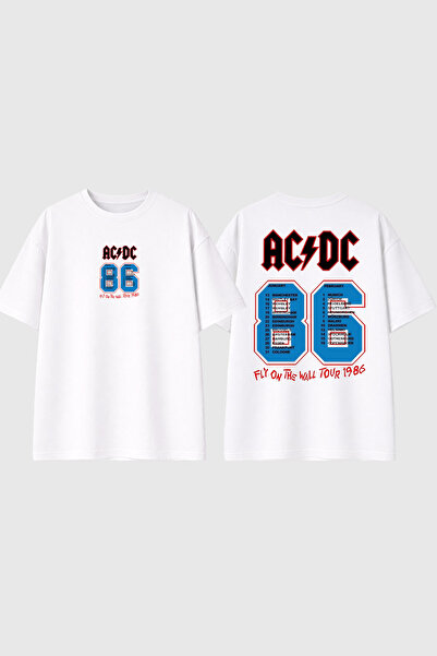 urbvn ACDC 86 Σχεδιαστικό Τυπωμένο Λευκό Υπερμεγέθες Μπλουζάκι