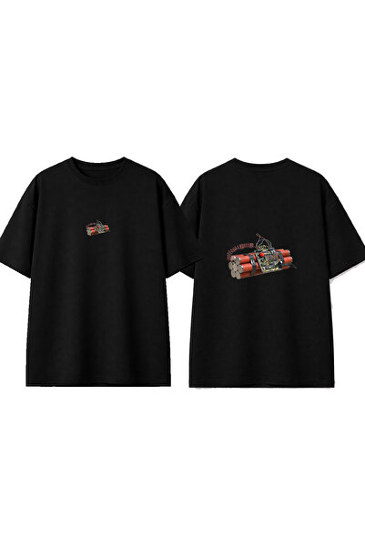 urbvn تي شيرت أسود كبير الحجم مطبوع بتصميم تايمر بومب