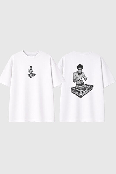 urbvn Tricou supradimensionat alb cu imprimeu DJ Fighter Design