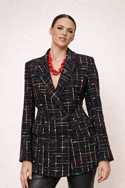 codemark Women's Black Multi-Colored Plaid Patterned Double-Breasted Jacket –...