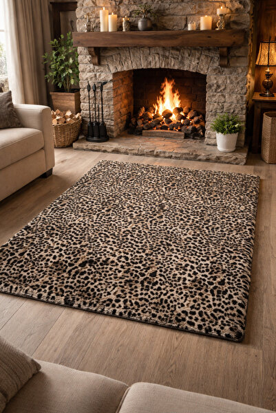 Halımax Leopard Patterned Washable Non-Slip Post Carpet Machine Washable Faux...