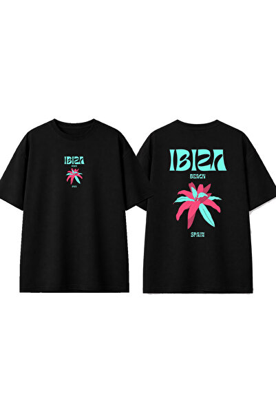 urbvn تي شيرت إيبيزا بلو ديزاين مطبوع باللون الأسود مقاس كبير