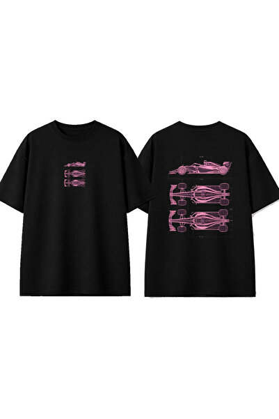 urbvn تي شيرت أسود كبير الحجم مطبوع بتصميم سيارة وردية