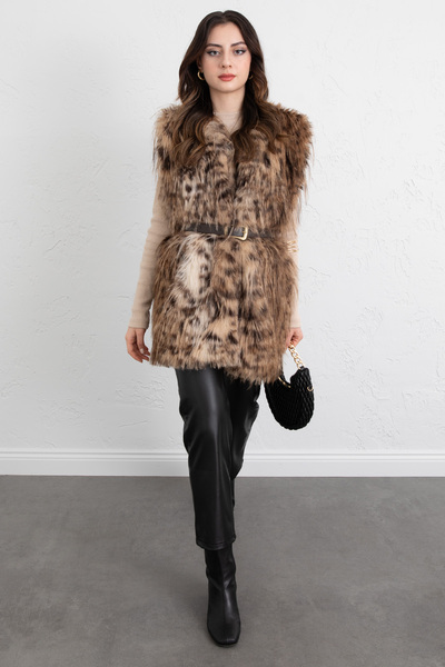 Salih Çelebi Leopard Pattern Belted Vest 8954 - Brown