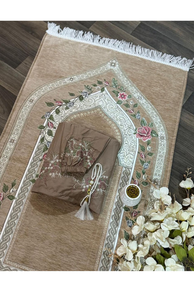 Gerenic طقم سجادة صلاة وشرشف صلاة ومسبحة بتصميم مشجر ولون بني فاتح.