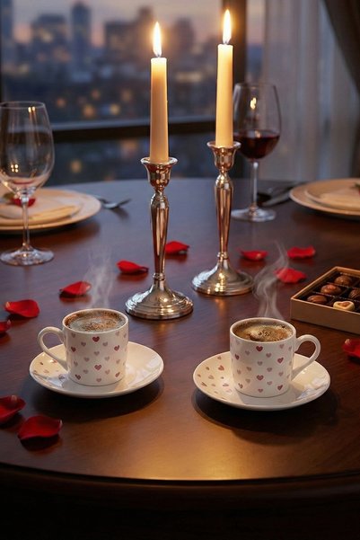 evcime Valentine's Day Special Velvet Boxed Turkish Coffee Porcelain Cup Set for 2 People