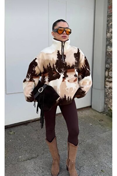 BURKAY 22365-Plush Patterned Zip-Up Sweatshirt