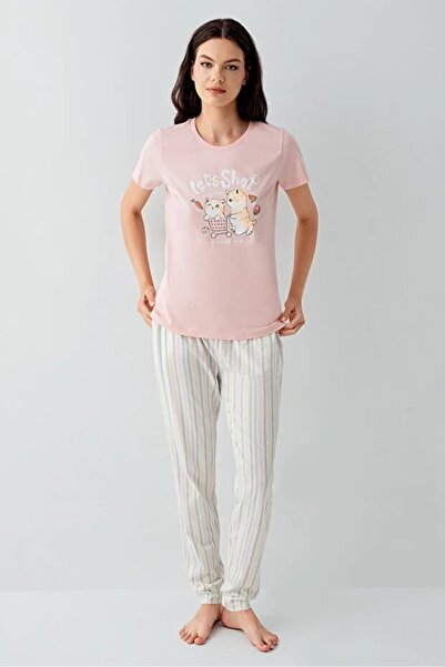 YUYİ Arnetta 100% Cotton Crew Neck Short Sleeve Women's Pajama Set 3571
