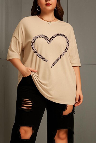 Oksit Love Women's Large Size Oversized Printed Crew Neck Cotton T-Shirt Rela...