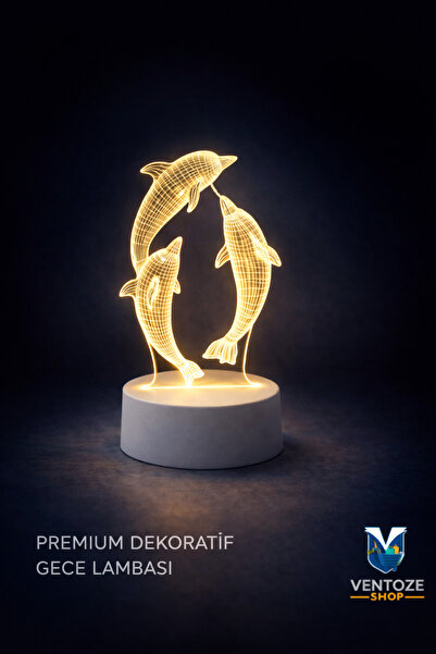Ventoze Yunus Tasarımlı 3D Led Gece Lambası | Dekoratif Çocuk Odası Lambası U...