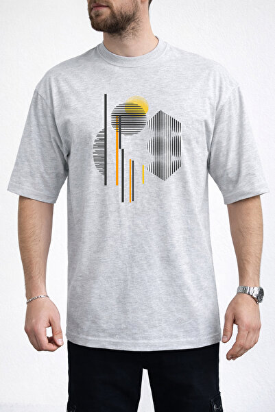 caddekombin Men's Geometric Curved Line Printed Crew Neck Gray T-Shirt