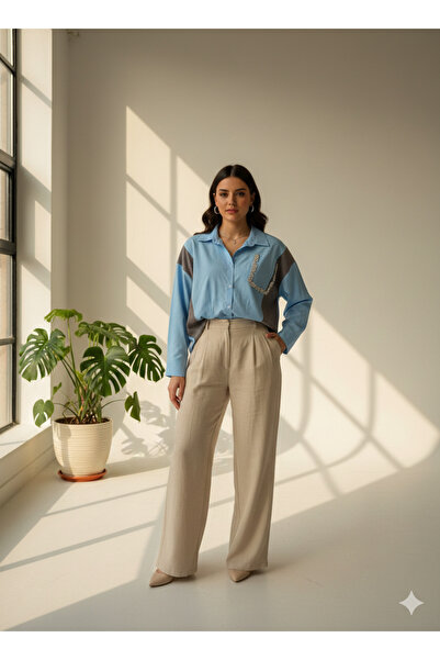 Moda Palmiss Women's Baby Blue Embellished Long Sleeve Shirt with Pocket Deta...