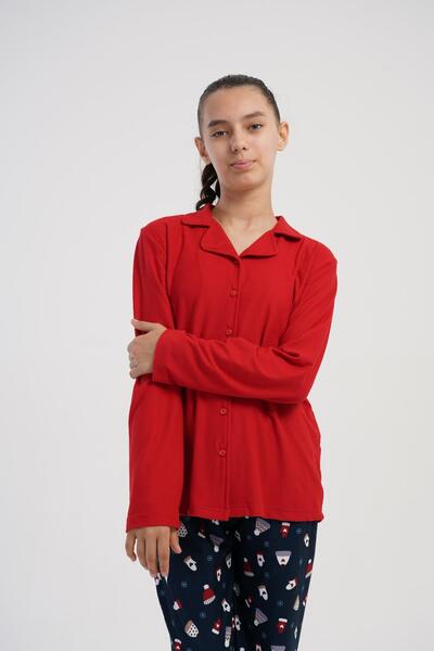 OBJE قميص مارلا أحمر اللون للفتيات بأزرار وياقة وأكمام طويلة وقميص نوم