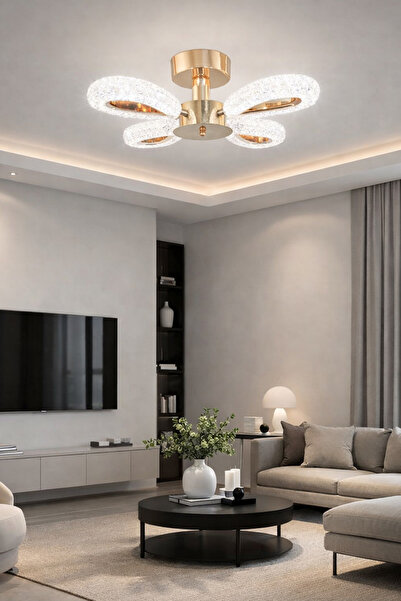 Fer Avize Arel 4'lü Plafonyer Led Avize Kristal Görünüm Beyaz Işık Enerji Tas...