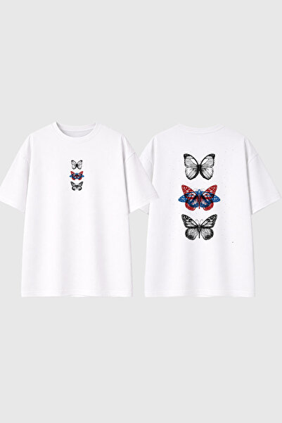 urbvn Butterfly 5 Design Printed White Oversize t Shirt