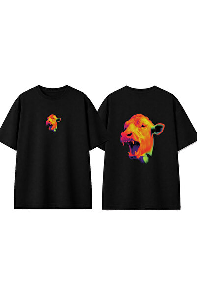 urbvn تي شيرت أسود كبير الحجم مطبوع بتصميم كولور كاو