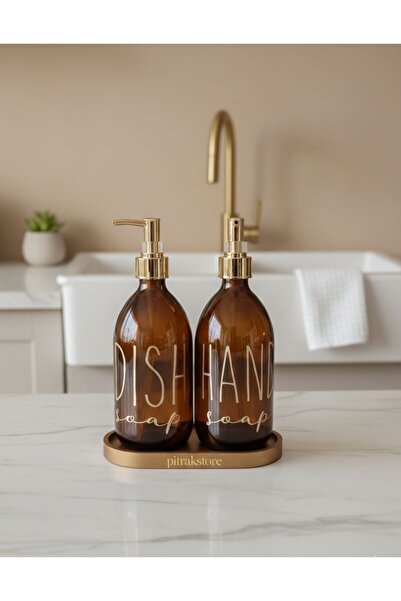 PitrakStore Stone Stand Gold Headed 2-Piece 500 ml Amber Glass Liquid Soap Di...