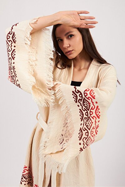 ZERLA كيمونو نسائي مطبوع يدويًا على الطراز البوهيمي مصنوع من القطن الخالص بنس...