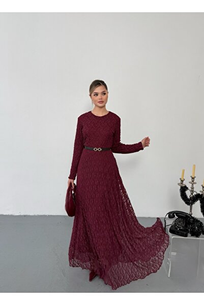 Queensland Zarafet Kemer Detaylı Uzun Dantel Elbise