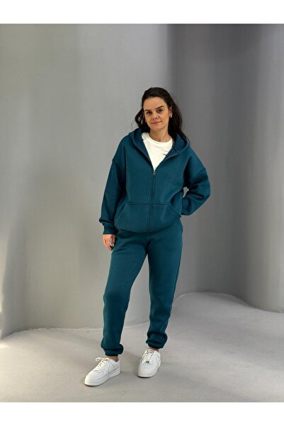 Baycombine35 طقم سويت شيرت نسائي بقلنسوة وسحاب من 3 خيوط، مكون من قطعتين