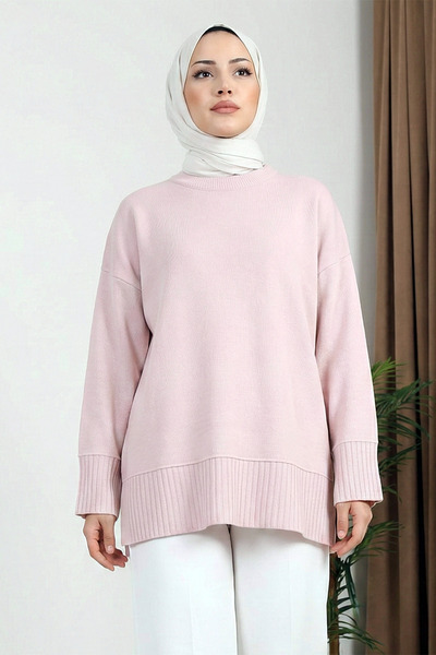 MODAQU Ribbed Detailed Slit Knitwear Tunic - Powder