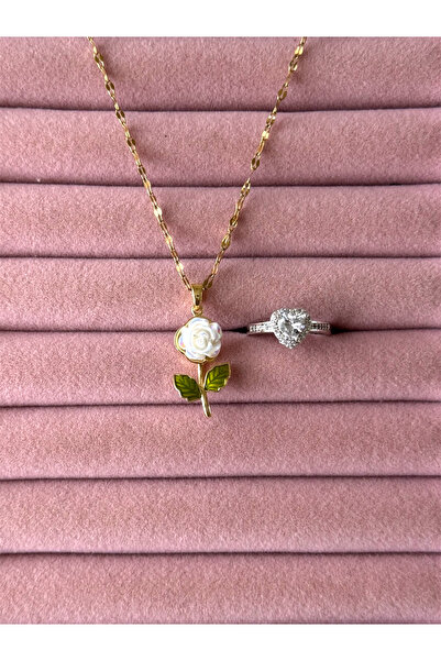 ACQUA BELLA 316L Çelik Zirkon Taşlı Beyaz Gül Manolya Kolye ve Kalpli Yüzük K...