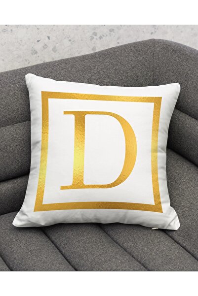 Şah Dekor White Gold Colored Embossed Patterned Letter D Gift Throw Pillow Cover