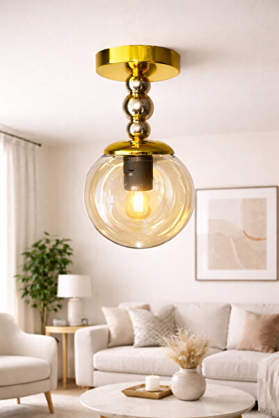 M Mediyamu Aydınlatma Plafonyer Tekli Bal Glop Camlı Gold Hol Antre Salon Avi...