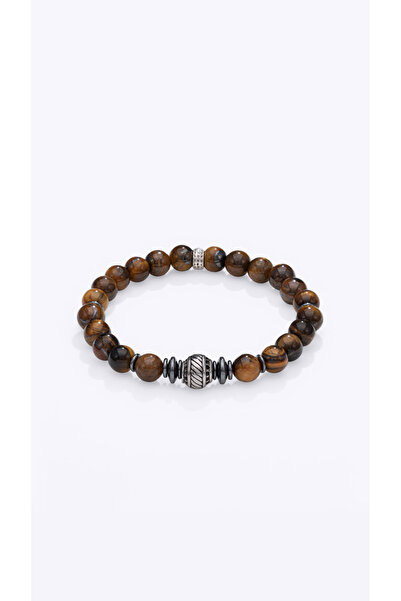 TARZ-I TAKI Natural Stone Brown Tiger's Eye Stone Silver Detail Men's Bracelet