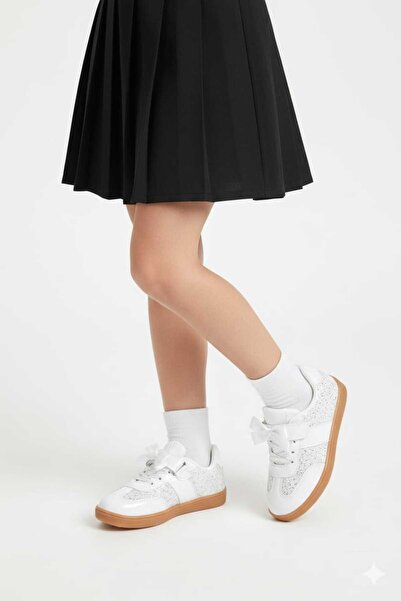 McDark White Velcro and Bow-Decorated Sequin Children's Sneaker Shoes