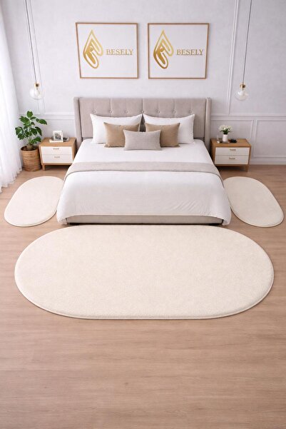 BESELY Krem Yumuşak Peluş Yatak Odası Halısı 3lü Set Kaymaz Taban Halı Takımı...