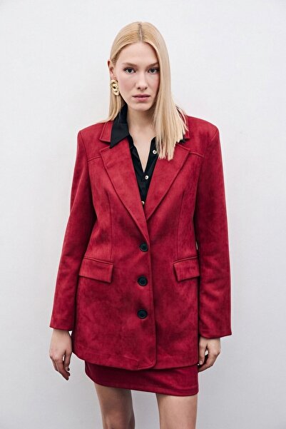 Sateen Buttoned Suede Jacket - Burgundy