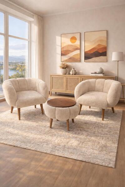 KOKİ DESİGN LOTUS Wellsoft Bej İkili Berjer Seti - ÖZEL SEHPALI (Salon,Balkon...