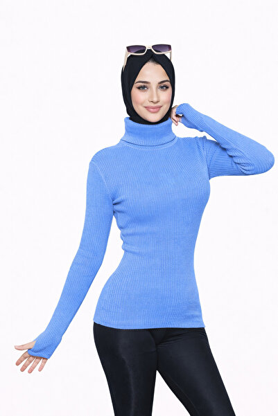 ModaAzen Aviator Blue Turtleneck Finger Detail Premium Savior Women's Body Sw...