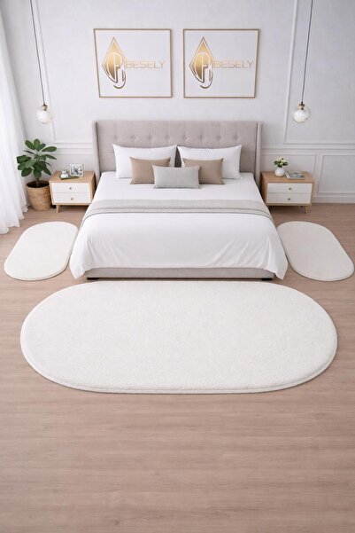 BESELY Beyaz Yumuşak Peluş Yatak Odası Halısı 3lü Set Kaymaz Taban Halı Takım...