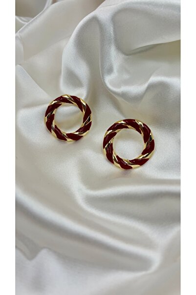 Eylülün Takısı Women's Gold Burgundy Detailed Twist Hoop Earrings