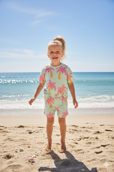 Monila Kız Çocuk Mint Palmiye Baskılı Pamuklu Şortlu Altüst Takım