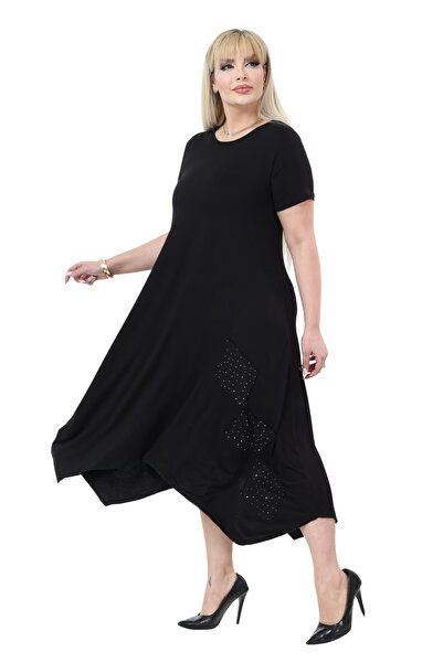MELSAY Women's Black Asymmetrical Cut Stone Printed Plus Size Dress