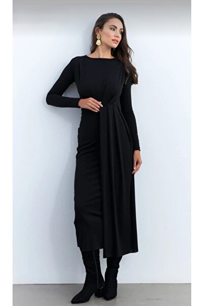 NayStyle Siyah Drapeli Uzun Kollu Midi Boy Elbise - Bel Detaylı Şık Davet ve ...