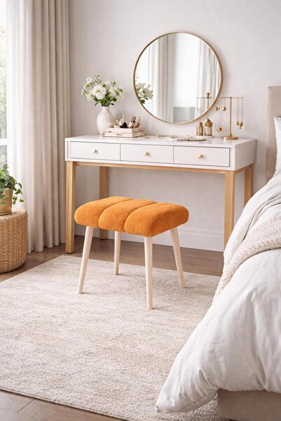 KOKİ DESİGN Peluş Kumaş Turuncu Dekoratif Puf Tabure Makyaj Masası Pufu