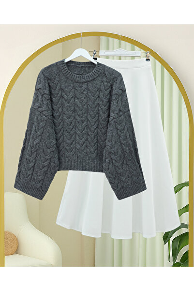 Modamorfo Knitted Patterned Casual Crop Knitwear Sweater - Smoked