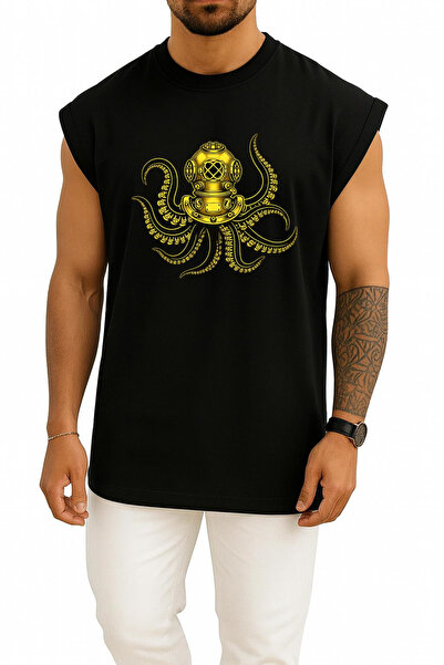 Bahriyeli Collection Oversize Steampunk Octopus Diver Hooded Tank Top with Ch...
