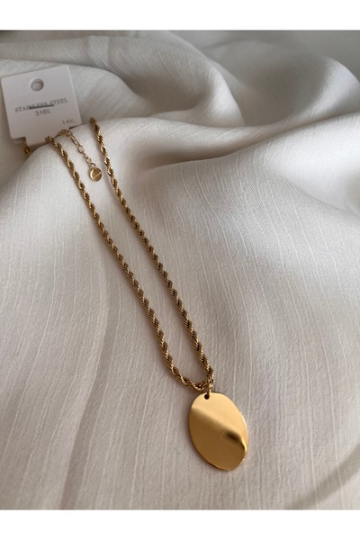 Burgu zincirli oval plaka kolye gold kaplama